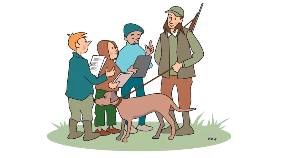 Børn interviewer en jæger. Tegning: Eva Wulff.
