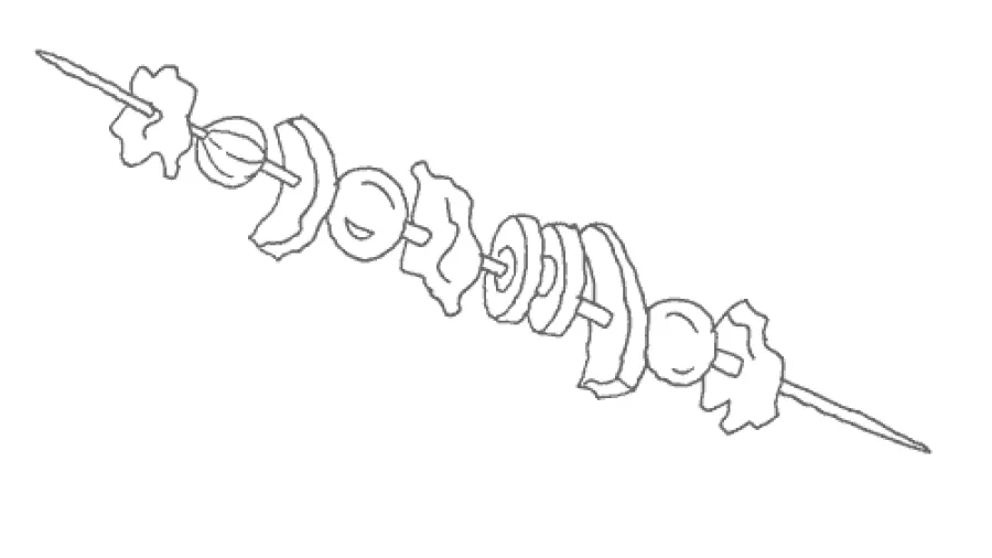 Kød på stegepinde. Tegning: Eva Wulff