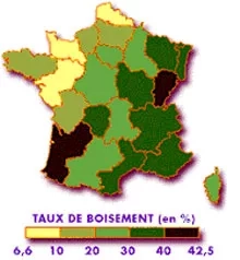Kort over skovdækning i Frankrig.