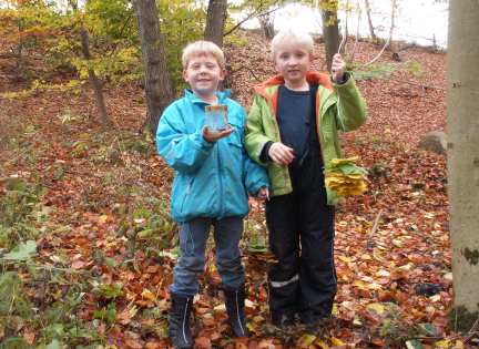 Udeskoledrenge fra Ugelbølle Friskole har fanget en frø og lavet en bladkrans. Foto: Malene Bendix.