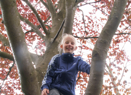 Pige i træ - fra udeskole på Sophienborgskolen. Foto: Malene Bendix.